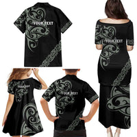 All Black Maori Tribal Tattoo Personalised Family Matching Puletasi and Hawaiian Shirt Moss Green Polynesian Style - Polynesian Pride
