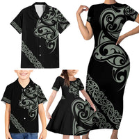 All Black Maori Tribal Tattoo Personalised Family Matching Short Sleeve Bodycon Dress and Hawaiian Shirt Moss Green Polynesian Style LT9 - Polynesian Pride
