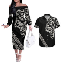 All Black Maori Tribal Tattoo Personalised Couples Matching Off The Shoulder Long Sleeve Dress and Hawaiian Shirt Stone Gray Polynesian Style - Polynesian Pride