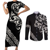 All Black Maori Tribal Tattoo Personalised Couples Matching Short Sleeve Bodycon Dress and Long Sleeve Button Shirt Stone Gray Polynesian Style - Polynesian Pride