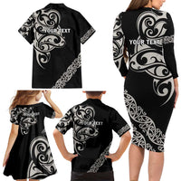 All Black Maori Tribal Tattoo Personalised Family Matching Long Sleeve Bodycon Dress and Hawaiian Shirt Stone Gray Polynesian Style LT9 - Polynesian Pride