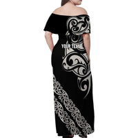 All Black Maori Tribal Tattoo Personalised Family Matching Off Shoulder Maxi Dress and Hawaiian Shirt Stone Gray Polynesian Style LT9 - Polynesian Pride