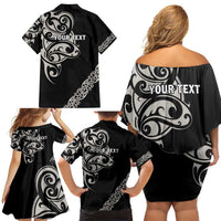 All Black Maori Tribal Tattoo Personalised Family Matching Off Shoulder Short Dress and Hawaiian Shirt Stone Gray Polynesian Style LT9 - Polynesian Pride