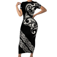 All Black Maori Tribal Tattoo Personalised Family Matching Short Sleeve Bodycon Dress and Hawaiian Shirt Stone Gray Polynesian Style LT9 Mom's Dress Gray - Polynesian Pride