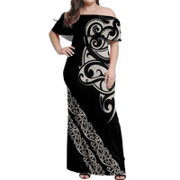 All Black Maori Tribal Tattoo Personalised Off Shoulder Maxi Dress Stone Gray Polynesian Style - Polynesian Pride