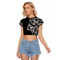 All Black Maori Tribal Tattoo Personalised Raglan Cropped T Shirt Stone Gray Polynesian Style - Polynesian Pride