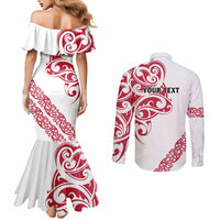 All White Maori Tribal Tattoo Personalised Couples Matching Mermaid Dress and Long Sleeve Button Shirt Classic Red Polynesian Style - Polynesian Pride
