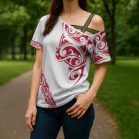 All White Maori Tribal Tattoo Personalised Cross Shoulder Shirt Classic Red Polynesian Style - Polynesian Pride