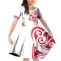 All White Maori Tribal Tattoo Personalised Family Matching Off Shoulder Short Dress and Hawaiian Shirt Classic Red Polynesian Style LT9 Daughter's Dress Red - Polynesian Pride