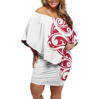 All White Maori Tribal Tattoo Personalised Family Matching Off Shoulder Short Dress and Hawaiian Shirt Classic Red Polynesian Style LT9 Mom's Dress Red - Polynesian Pride
