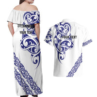 All White Maori Tribal Tattoo Personalised Couples Matching Off Shoulder Maxi Dress and Hawaiian Shirt Dark Blue Polynesian Style - Polynesian Pride