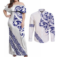 All White Maori Tribal Tattoo Personalised Couples Matching Off Shoulder Maxi Dress and Long Sleeve Button Shirt Dark Blue Polynesian Style - Polynesian Pride