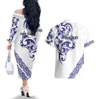 All White Maori Tribal Tattoo Personalised Couples Matching Off The Shoulder Long Sleeve Dress and Hawaiian Shirt Dark Blue Polynesian Style - Polynesian Pride