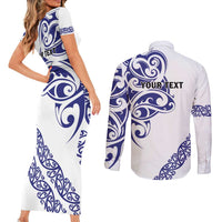 All White Maori Tribal Tattoo Personalised Couples Matching Short Sleeve Bodycon Dress and Long Sleeve Button Shirt Dark Blue Polynesian Style - Polynesian Pride