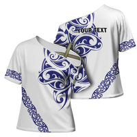 All White Maori Tribal Tattoo Personalised Cross Shoulder Shirt Dark Blue Polynesian Style - Polynesian Pride