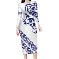 All White Maori Tribal Tattoo Personalised Family Matching Long Sleeve Bodycon Dress and Hawaiian Shirt Dark Blue Polynesian Style LT9 Mom's Dress Blue - Polynesian Pride