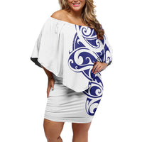All White Maori Tribal Tattoo Personalised Family Matching Off Shoulder Short Dress and Hawaiian Shirt Dark Blue Polynesian Style LT9 Mom's Dress Blue - Polynesian Pride