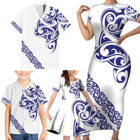 All White Maori Tribal Tattoo Personalised Family Matching Short Sleeve Bodycon Dress and Hawaiian Shirt Dark Blue Polynesian Style LT9 - Polynesian Pride