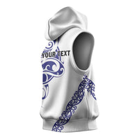 All White Maori Tribal Tattoo Personalised Sleeveless Hoodie Dark Blue Polynesian Style - Polynesian Pride