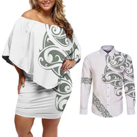 All White Maori Tribal Tattoo Personalised Couples Matching Off Shoulder Short Dress and Long Sleeve Button Shirt Moss Green Polynesian Style - Polynesian Pride