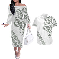 All White Maori Tribal Tattoo Personalised Couples Matching Off The Shoulder Long Sleeve Dress and Hawaiian Shirt Moss Green Polynesian Style LT9 Green - Polynesian Pride