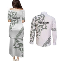 All White Maori Tribal Tattoo Personalised Couples Matching Puletasi and Long Sleeve Button Shirt Moss Green Polynesian Style - Polynesian Pride