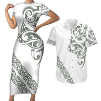 All White Maori Tribal Tattoo Personalised Couples Matching Short Sleeve Bodycon Dress and Hawaiian Shirt Moss Green Polynesian Style LT9 Green - Polynesian Pride