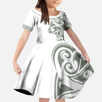 All White Maori Tribal Tattoo Personalised Family Matching Off The Shoulder Long Sleeve Dress and Hawaiian Shirt Moss Green Polynesian Style LT9 Daughter's Dress Green - Polynesian Pride