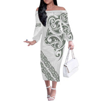 All White Maori Tribal Tattoo Personalised Family Matching Off The Shoulder Long Sleeve Dress and Hawaiian Shirt Moss Green Polynesian Style LT9 Mom's Dress Green - Polynesian Pride