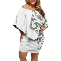 All White Maori Tribal Tattoo Personalised Family Matching Off Shoulder Short Dress and Hawaiian Shirt Moss Green Polynesian Style LT9 Mom's Dress Green - Polynesian Pride