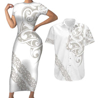 All White Maori Tribal Tattoo Personalised Couples Matching Short Sleeve Bodycon Dress and Hawaiian Shirt Stone Gray Polynesian Style LT9 Gray - Polynesian Pride