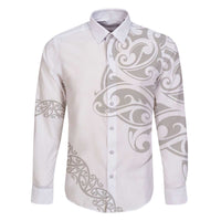 All White Maori Tribal Tattoo Personalised Family Matching Off The Shoulder Long Sleeve Dress and Hawaiian Shirt Stone Gray Polynesian Style LT9 Dad's Shirt - Long Sleeve Gray - Polynesian Pride
