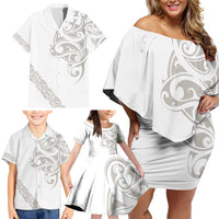 All White Maori Tribal Tattoo Personalised Family Matching Off Shoulder Short Dress and Hawaiian Shirt Stone Gray Polynesian Style LT9 - Polynesian Pride