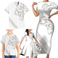 All White Maori Tribal Tattoo Personalised Family Matching Short Sleeve Bodycon Dress and Hawaiian Shirt Stone Gray Polynesian Style LT9 - Polynesian Pride