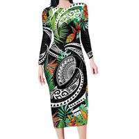 Polynesian Pacific Rugby Tribal Family Matching Long Sleeve Bodycon Dress and Hawaiian Shirt Tropical Vibe LT9 Mom's Dress Black - Polynesian Pride