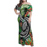 Polynesian Pacific Rugby Tribal Family Matching Off Shoulder Maxi Dress and Hawaiian Shirt Tropical Vibe LT9 Mom's Dress Black - Polynesian Pride