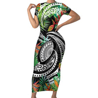 Polynesian Pacific Rugby Tribal Family Matching Short Sleeve Bodycon Dress and Hawaiian Shirt Tropical Vibe LT9 Mom's Dress Black - Polynesian Pride