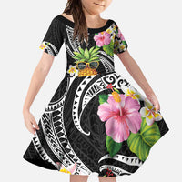 Hau'oli Makahiki Hou Family Matching Long Sleeve Bodycon Dress and Hawaiian Shirt Aloha Pineapple Tropical Vibe LT9 Daughter's Dress Black - Polynesian Pride