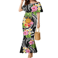 Hau'oli Makahiki Hou Family Matching Mermaid Dress and Hawaiian Shirt Aloha Pineapple Tropical Vibe LT9 Mom's Dress Black - Polynesian Pride