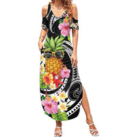 Hau'oli Makahiki Hou Family Matching Summer Maxi Dress and Hawaiian Shirt Aloha Pineapple Tropical Vibe LT9 Mom's Dress Black - Polynesian Pride