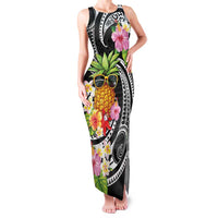 Hau'oli Makahiki Hou Family Matching Tank Maxi Dress and Hawaiian Shirt Aloha Pineapple Tropical Vibe LT9 Mom's Dress Black - Polynesian Pride