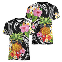 Hau'oli Makahiki Hou Women V-Neck T-Shirt Aloha Pineapple Tropical Vibe