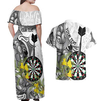 Personalised New Zealand Darts Couples Matching Off Shoulder Maxi Dress and Hawaiian Shirt Kowhai Floral with Maori Tattoo LT9 - Polynesian Pride