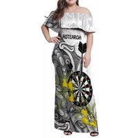 Personalised New Zealand Darts Family Matching Off Shoulder Maxi Dress and Hawaiian Shirt Kowhai Floral with Maori Tattoo LT9 Mom's Dress Black - Polynesian Pride