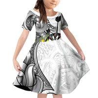 Personalised New Zealand Darts Family Matching Off Shoulder Short Dress and Hawaiian Shirt Kowhai Floral with Maori Tattoo LT9 Daughter's Dress Black - Polynesian Pride