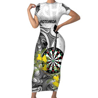 Personalised New Zealand Darts Family Matching Short Sleeve Bodycon Dress and Hawaiian Shirt Kowhai Floral with Maori Tattoo LT9 Mom's Dress Black - Polynesian Pride