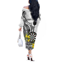 Personalised New Zealand Darts Off The Shoulder Long Sleeve Dress Kowhai Floral with Maori Tattoo LT9 - Polynesian Pride