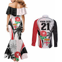 Custom Fiji England Rugby Couples Matching Mermaid Dress and Long Sleeve Button Shirts Tapa Pattern and Rose Flower World Cup 2023 LT9 - Polynesian Pride