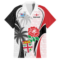 Custom Fiji England Rugby Family Matching Off Shoulder Long Sleeve Dress and Hawaiian Shirt Tapa Pattern and Rose Flower World Cup 2023 LT9 Dad's Shirt - Short Sleeve White - Polynesian Pride