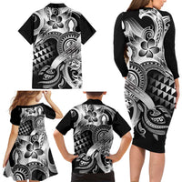 Aloha Black Tribal Honu Tattoo Family Matching Long Sleeve Bodycon Dress and Hawaiian Shirt LT9 - Polynesian Pride